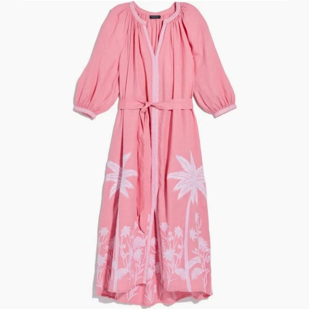 New Vineyard Vines M Women's Pink Embroidered Linen Midi Beach Cover-Up Dress